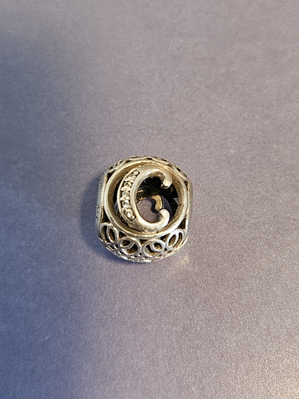 Sterling Silver Vintage Pandora "C" Charm Bead with Cubic Zirconia Accents